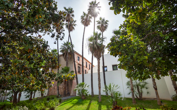 Picasso Museum Malaga gardens with palm trees and historic building.