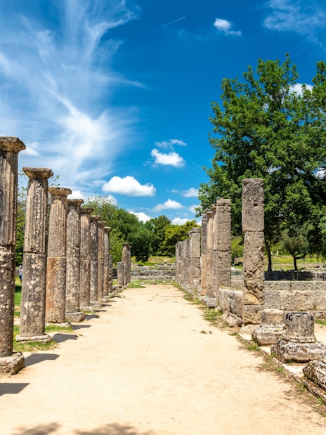 Ancient columns at the Archaeological Site of Olympia, Greece.
