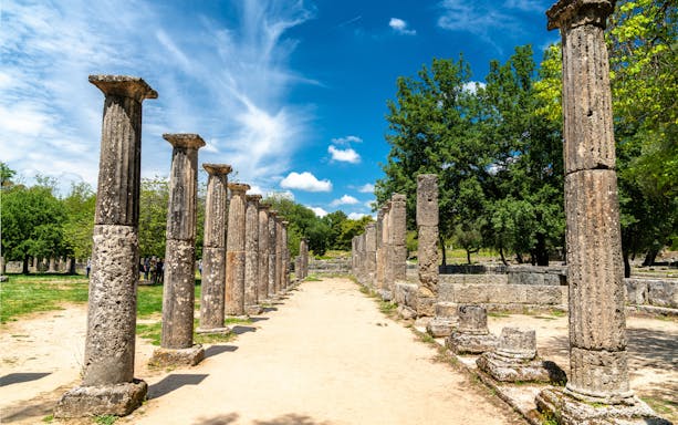 Ancient columns at the Archaeological Site of Olympia, Greece.