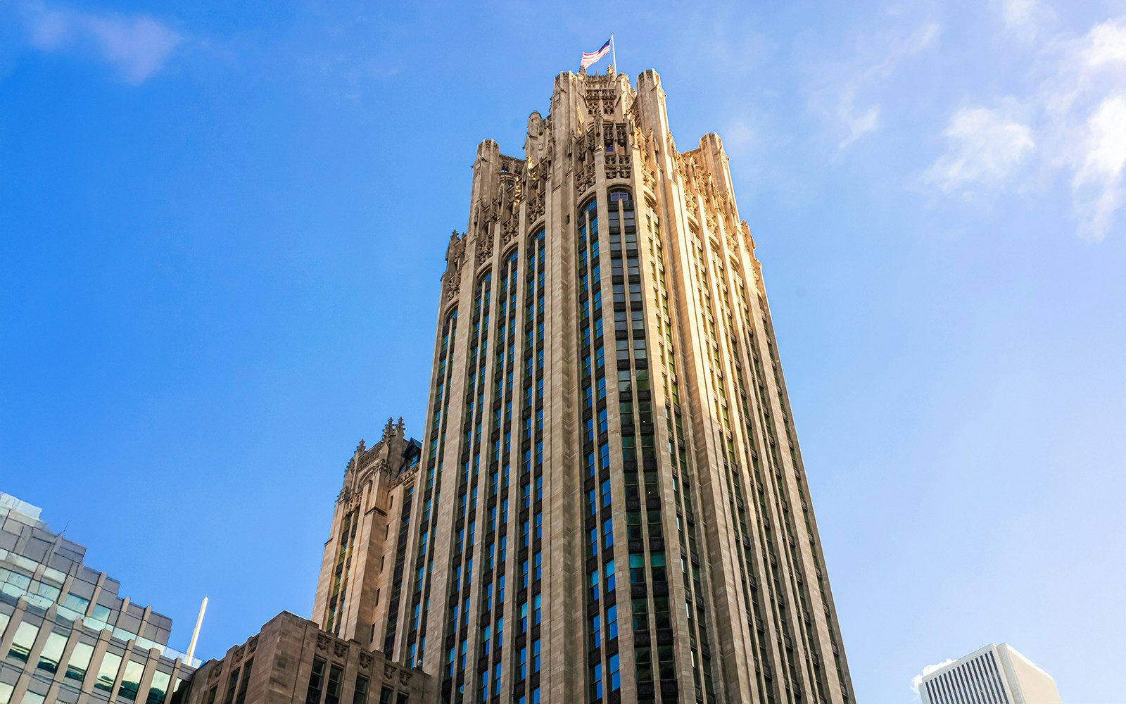 Tribune Tower in Chicago with its neo-Gothic architecture and intricate stonework.