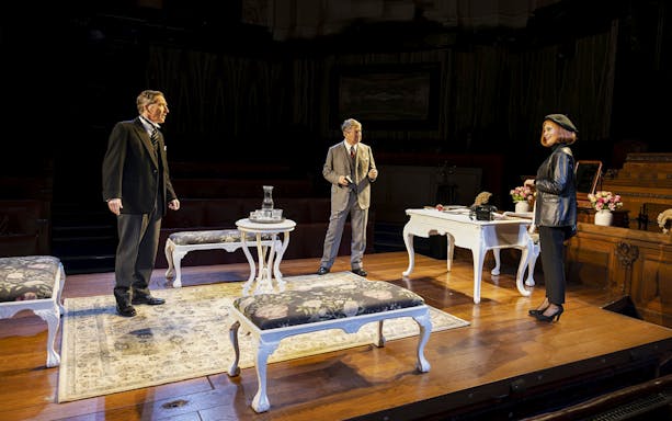 Stage scene from "Witness for the Prosecution" in West End courtroom setting.