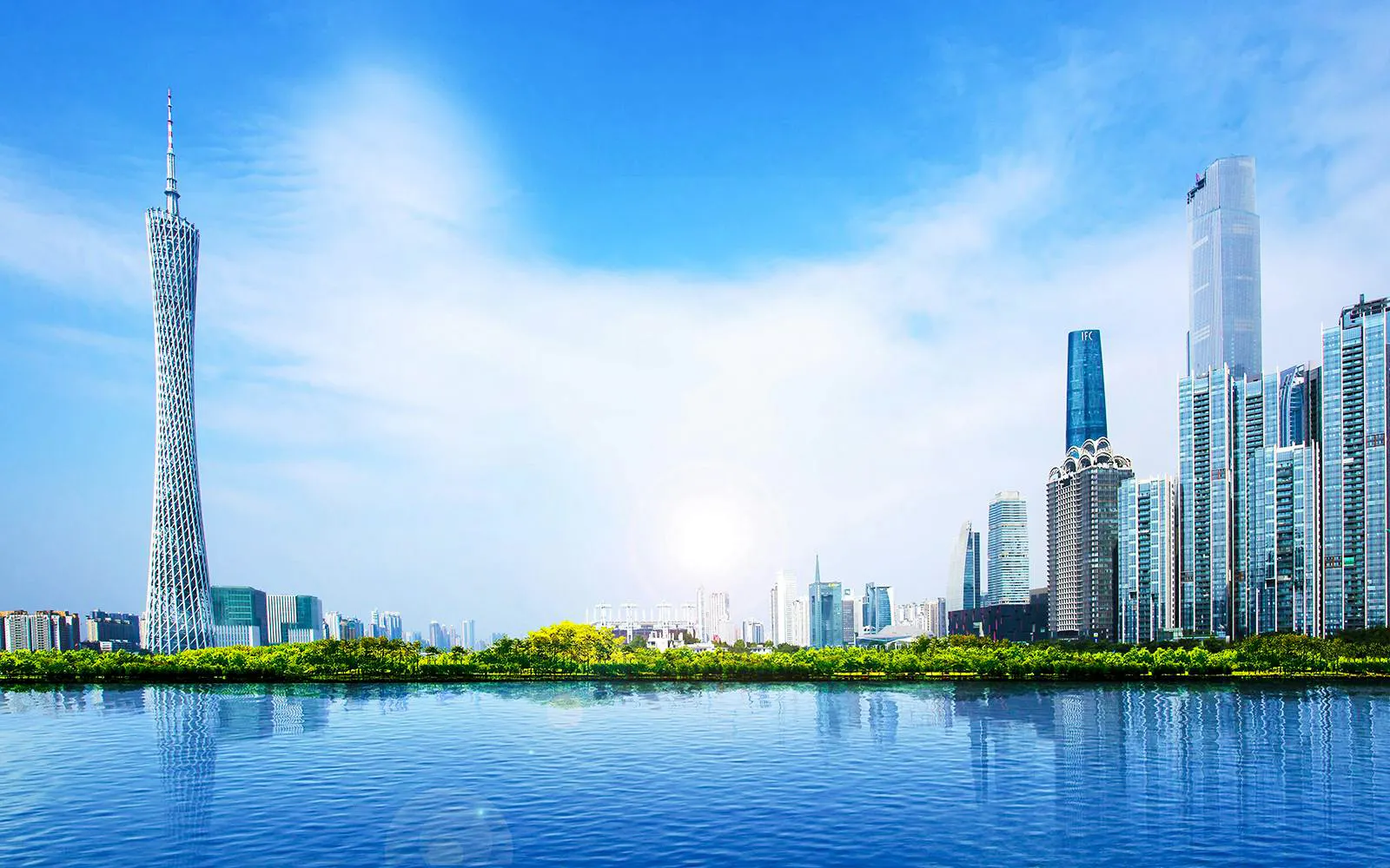 Canton Tower and Guangzhou skyline reflected in the Pearl River.
