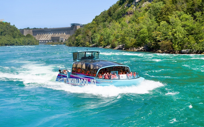 Guests enjoying the Freedom jet boat tour on the Niagara River Gorge, Niagara, Canada.