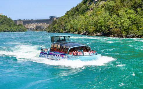 Guests enjoying the Freedom jet boat tour on the Niagara River Gorge, Niagara, Canada.