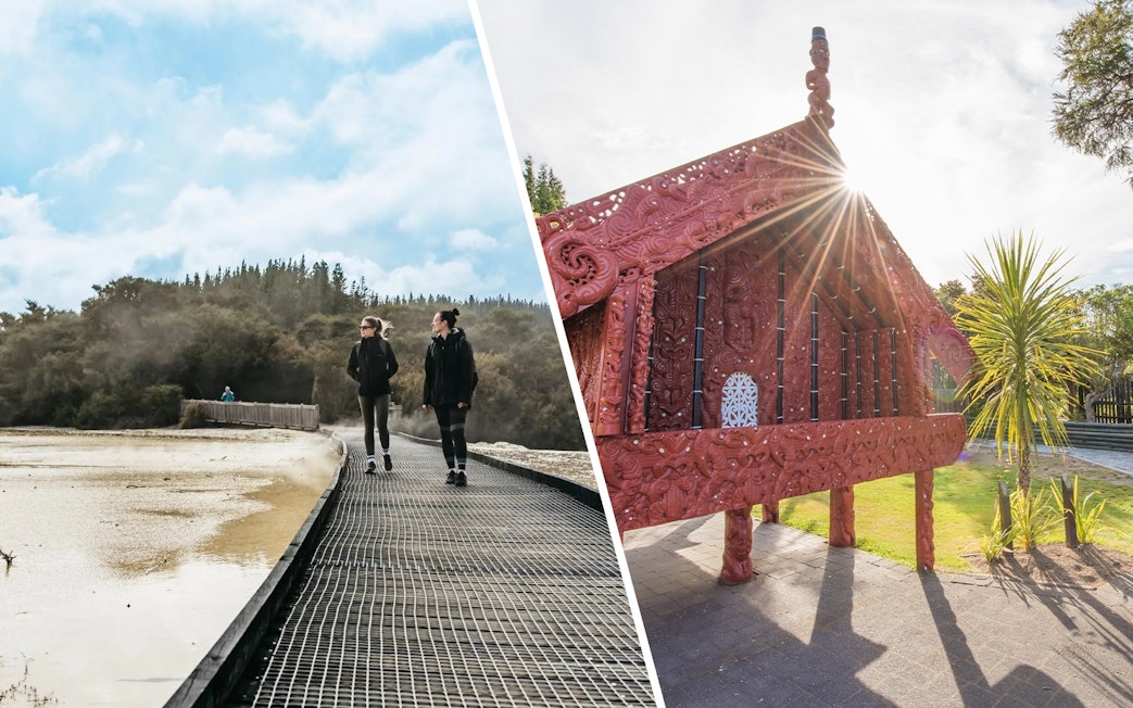 Visitors walking on a boardwalk at Wai-O-Tapu Thermal Wonderland, New Zealand, with geothermal steam rising.