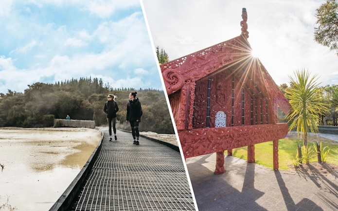 Visitors walking on a boardwalk at Wai-O-Tapu Thermal Wonderland, New Zealand, with geothermal steam rising.