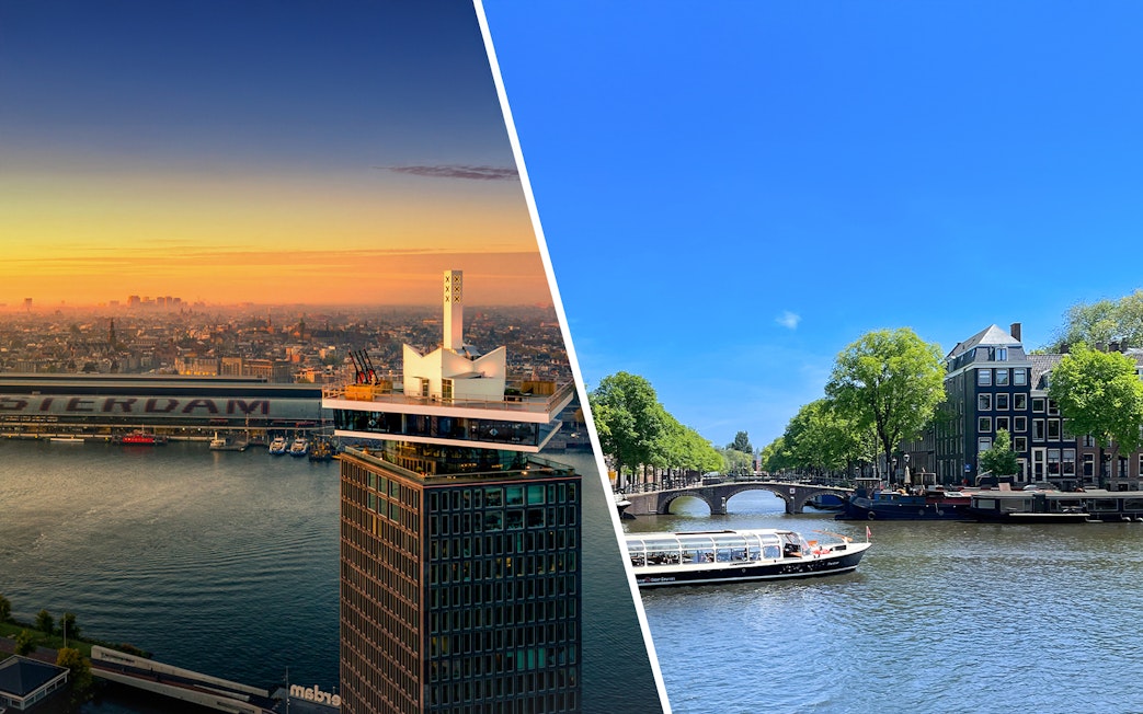 A'DAM Lookout view and Amsterdam canal cruise boat on a sunny day.