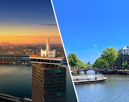 A'DAM Lookout view and Amsterdam canal cruise boat on a sunny day.