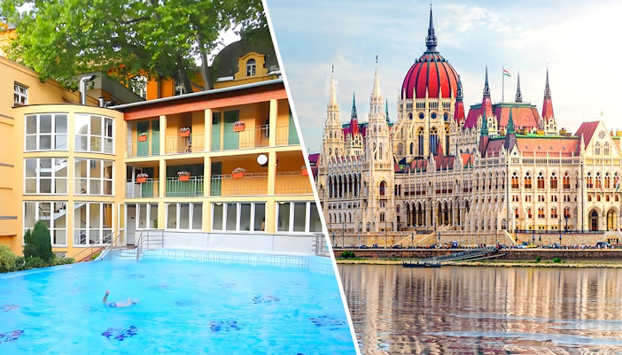 Lukacs Thermal Bath exterior and Hungarian Parliament guided tour in Budapest.