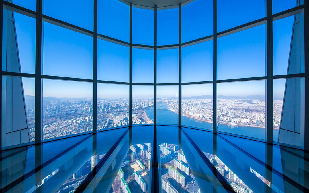 View from Lotte World Tower's Seoul Sky observatory overlooking Seoul and Han River.