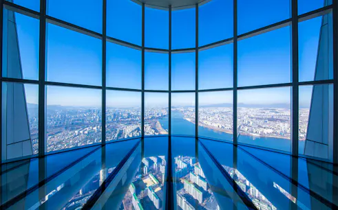 View from Lotte World Tower's Seoul Sky observatory overlooking Seoul and Han River.