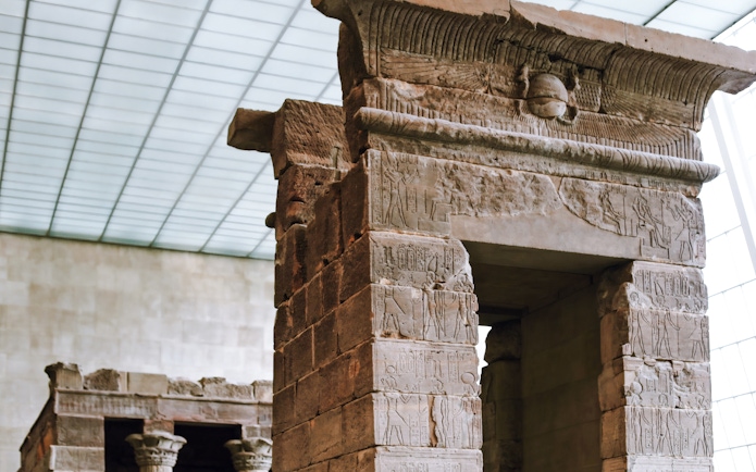Temple of Dendur, ancient Egyptian temple with detailed carvings, 10 BC.