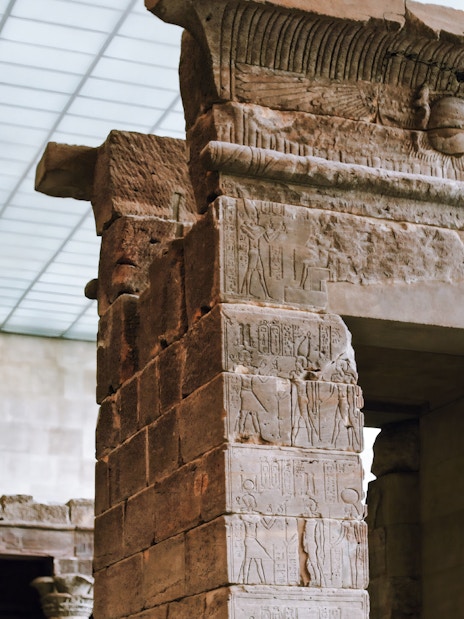 Temple of Dendur, ancient Egyptian temple with detailed carvings, 10 BC.