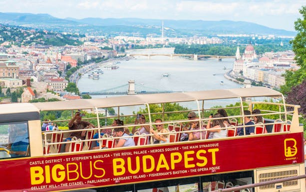 Budapest Big Bus tour with view of Danube River and city landmarks.