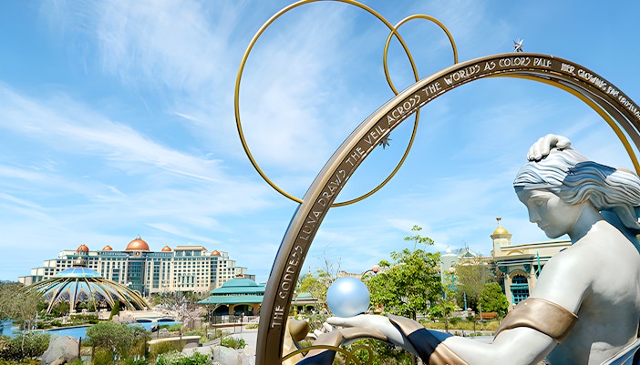 Goddess Luna statue with celestial arch at Epic Universe, Universal Orlando, Florida.