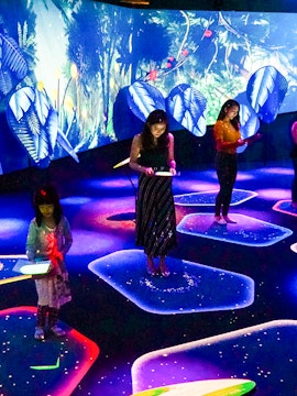 Visitors engaging with interactive displays at Jewel Changi Experience Studio, Singapore.