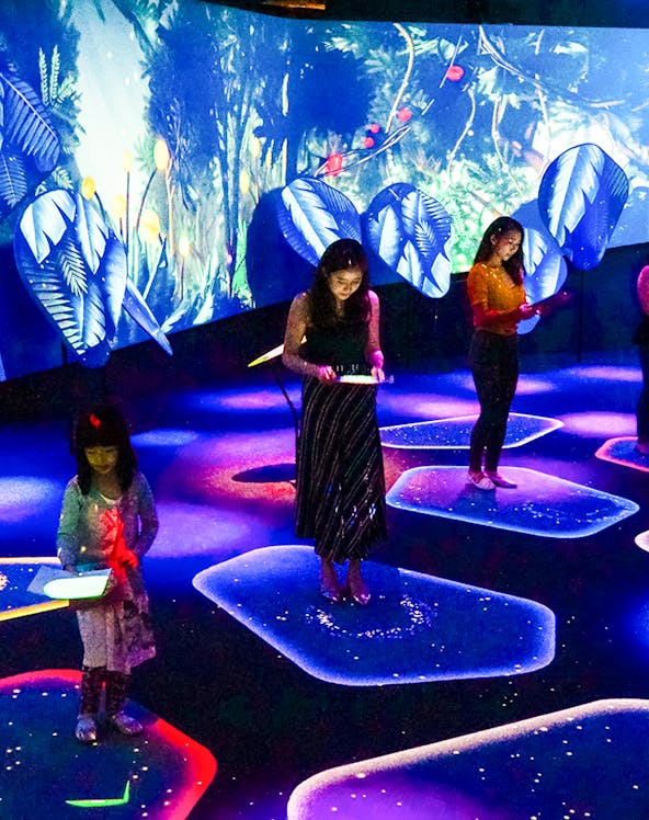 Visitors engaging with interactive displays at Jewel Changi Experience Studio, Singapore.