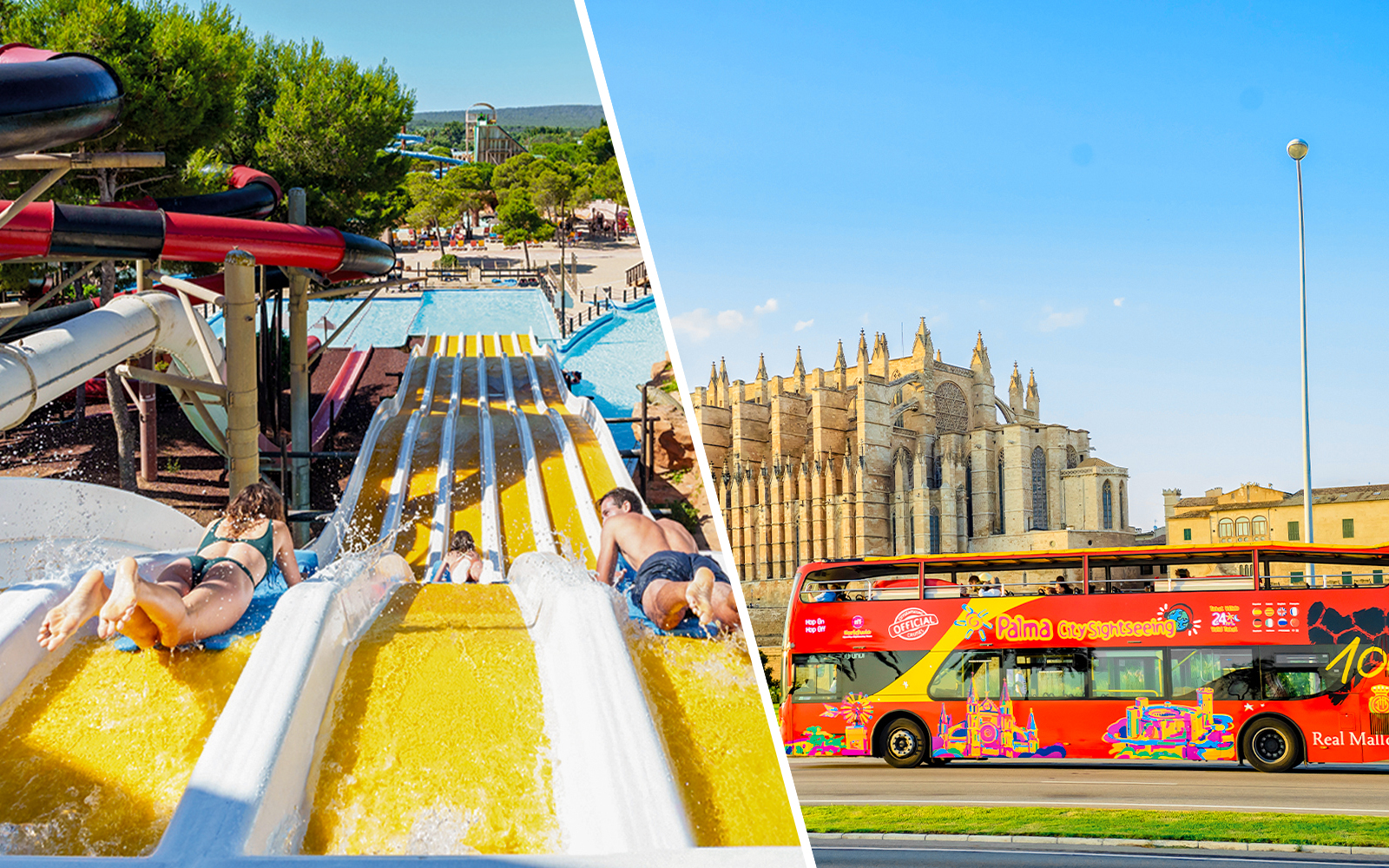 Crazy Horses water slide at Western Water Park, Mallorca, with people sliding down.