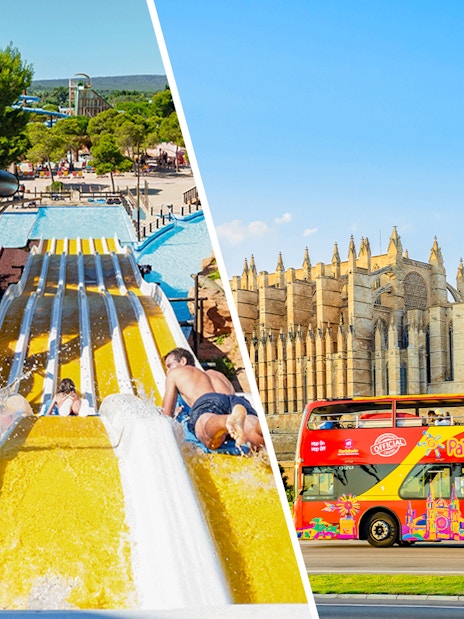 Crazy Horses water slide at Western Water Park, Mallorca, with people sliding down.