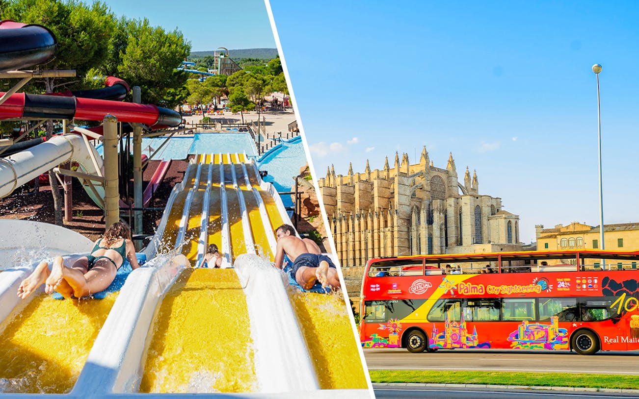 Crazy Horses water slide at Western Water Park, Mallorca, with people sliding down.