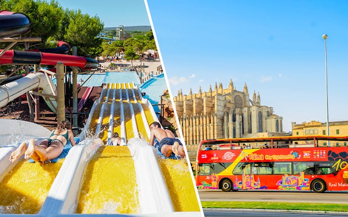 Crazy Horses water slide at Western Water Park, Mallorca, with people sliding down.