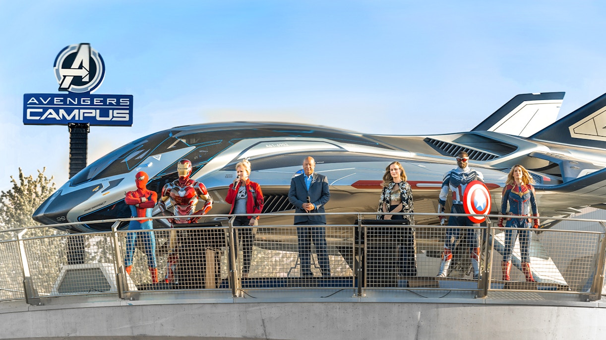 Avengers Campus entrance with superhero figures at Disneyland Paris.