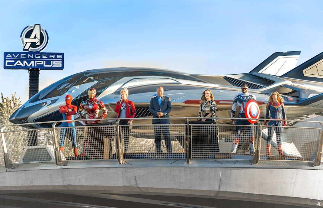 Avengers Campus entrance with superhero figures at Disneyland Paris.