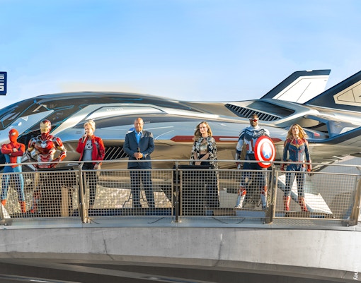 Avengers Campus entrance with superhero figures at Disneyland Paris.