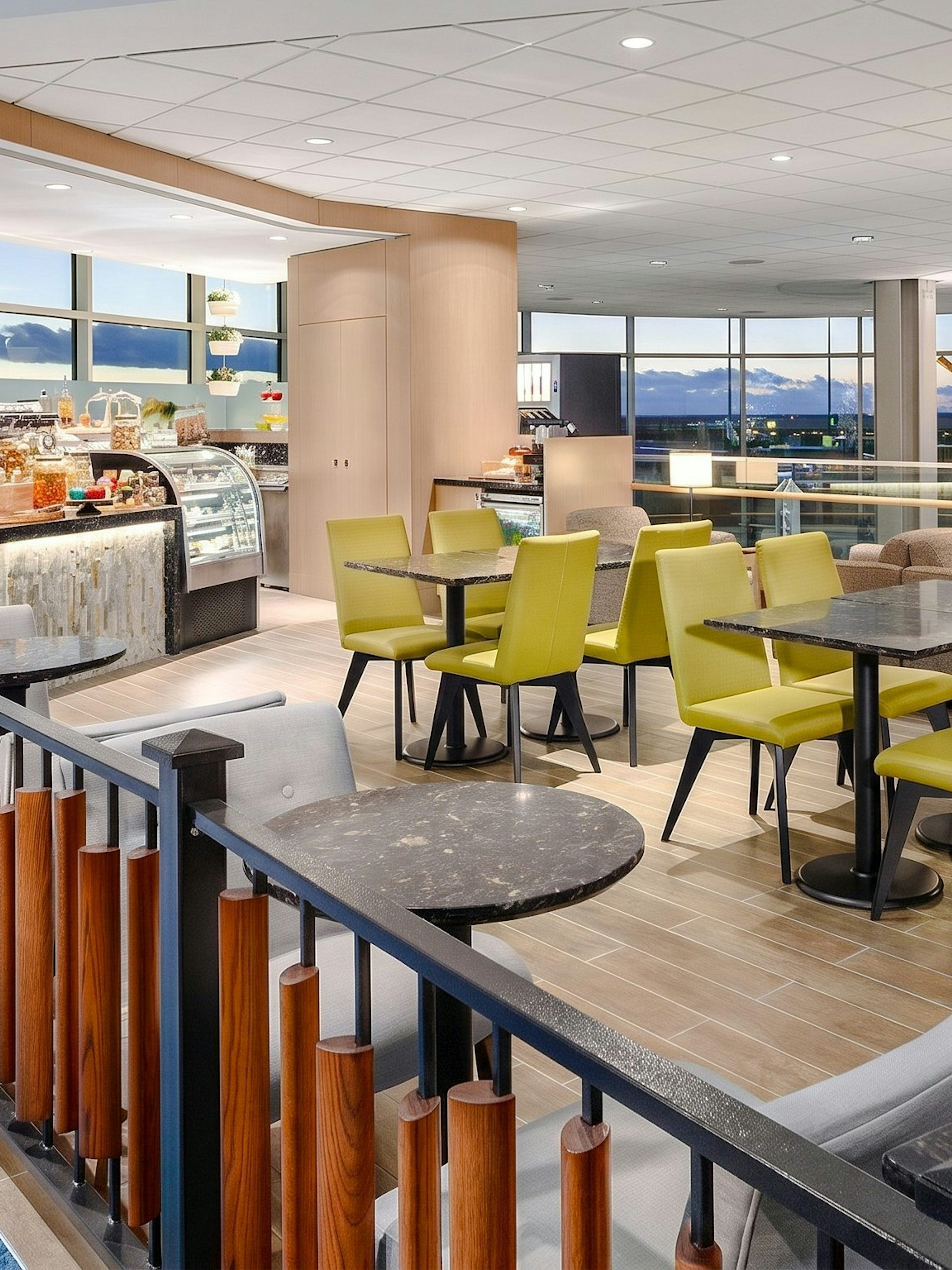 Plaza Premium Lounge seating area with tables and chairs at Vancouver International Airport.