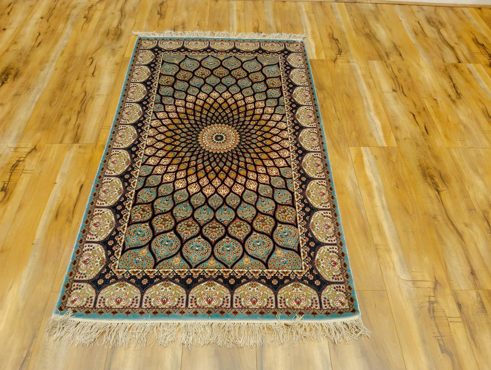 Intricate Persian-style carpet with floral patterns, featured in Agra Private Shopping Tour.