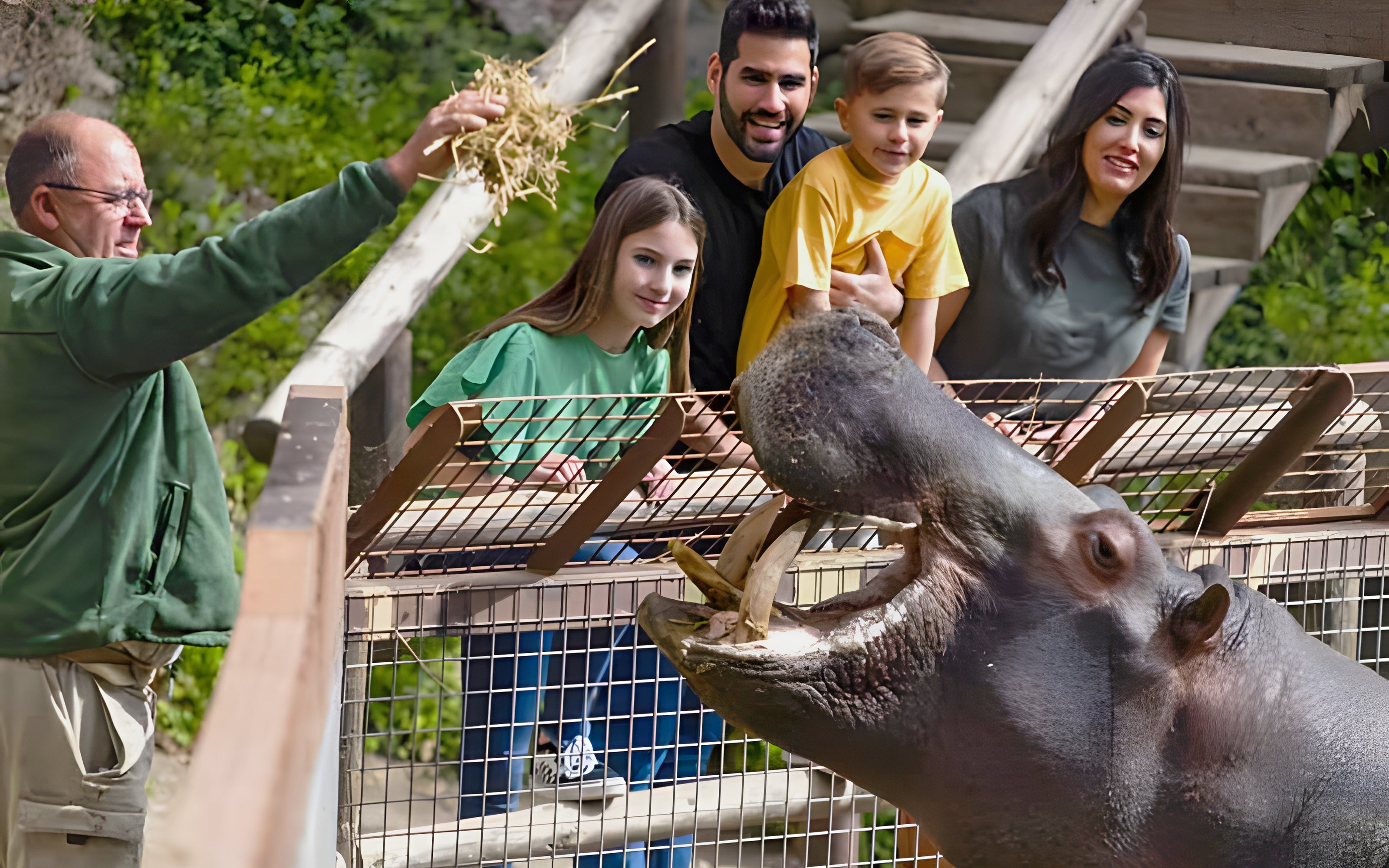 Visitors feeding a hippo at Selwo Aventura park in Estepona, Spain.