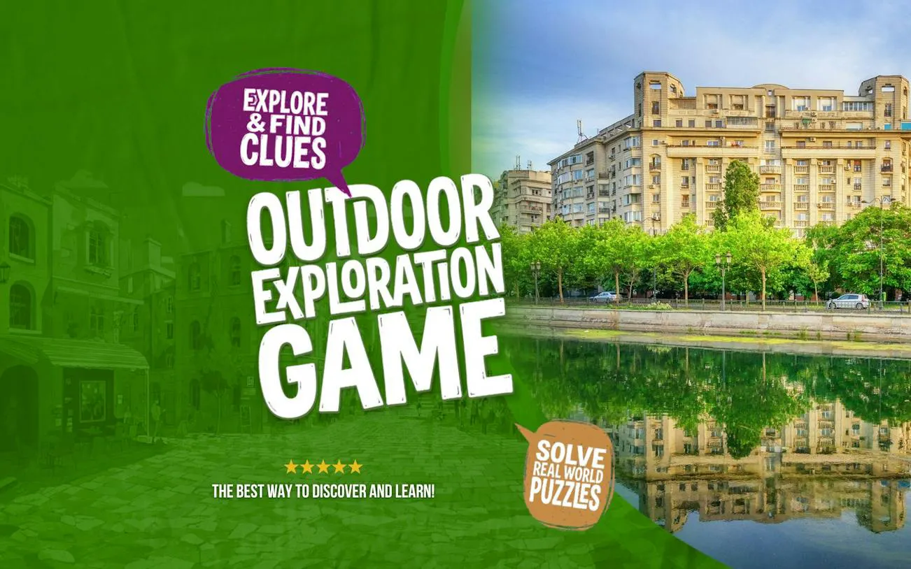 Outdoor exploration game poster with Bucharest apartment buildings and river reflection.