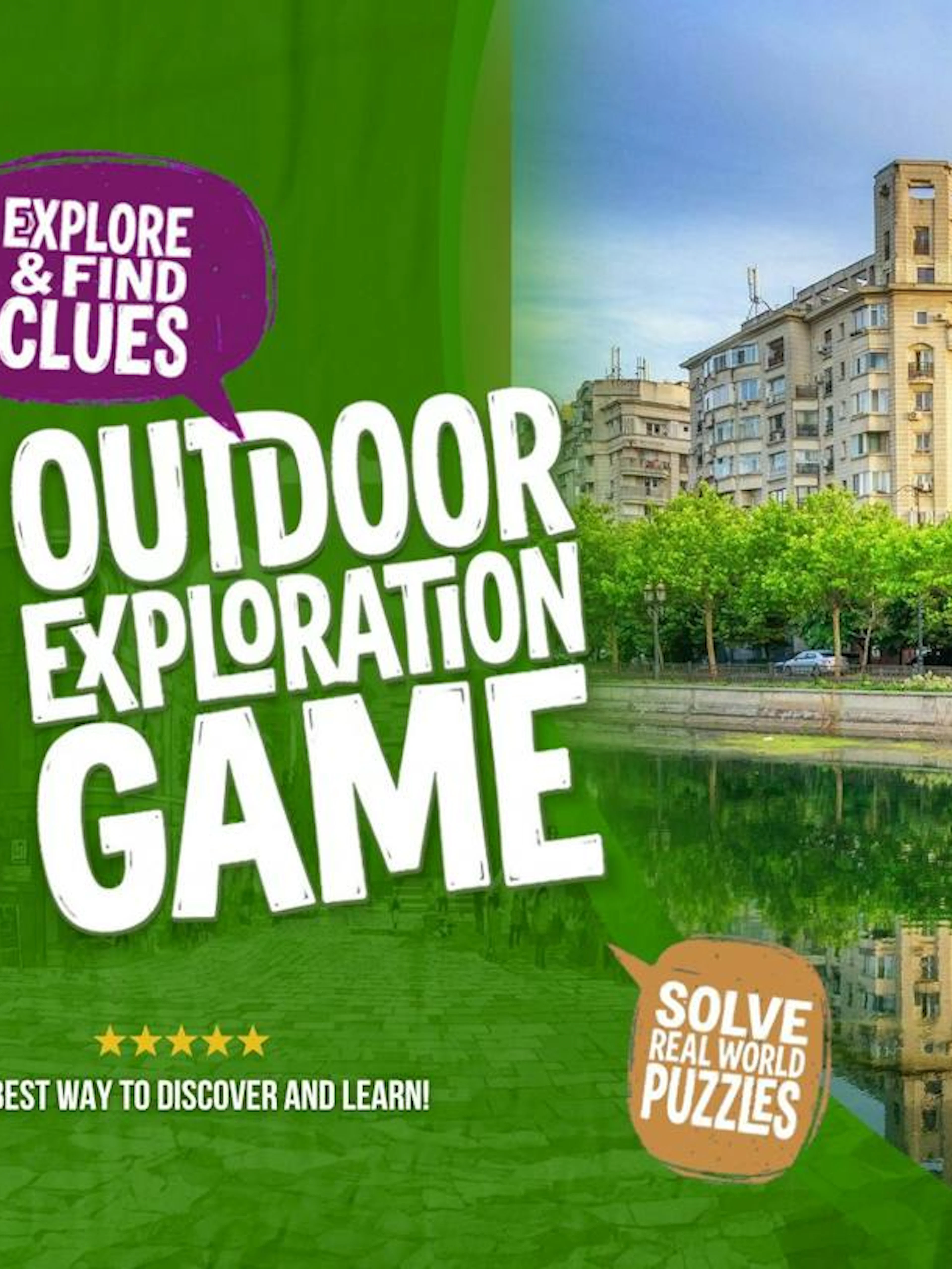 Outdoor exploration game poster with Bucharest apartment buildings and river reflection.