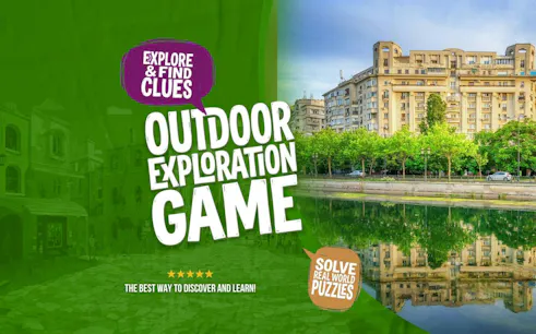 Outdoor exploration game poster with Bucharest apartment buildings and river reflection.