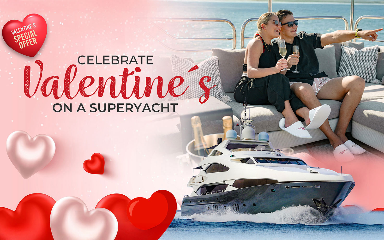 Valentine's Day celebration on a superyacht with champagne and ocean view.
