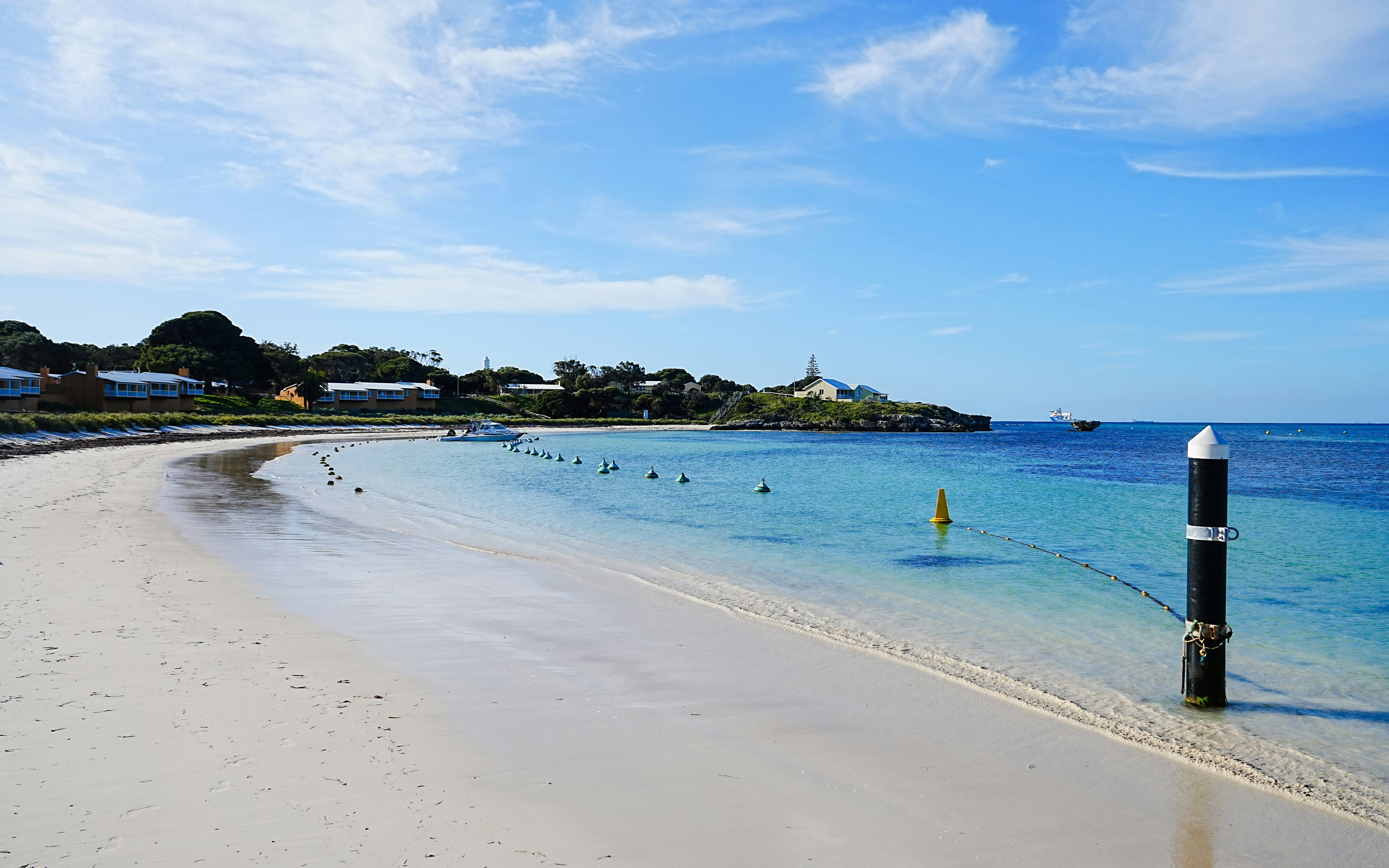 Thomson Bay Beach on Rottnest Island with clear water and shoreline near Perth.