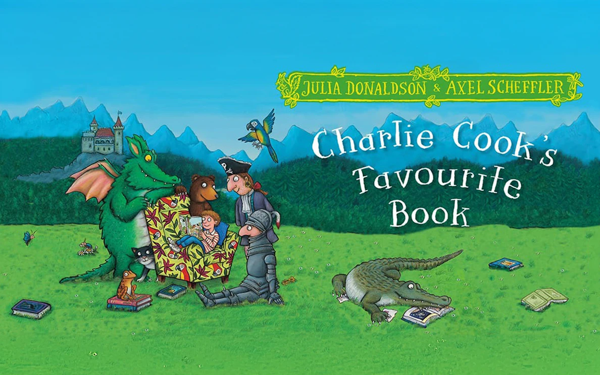 Characters gathered around a book in a grassy field with a castle in the background.