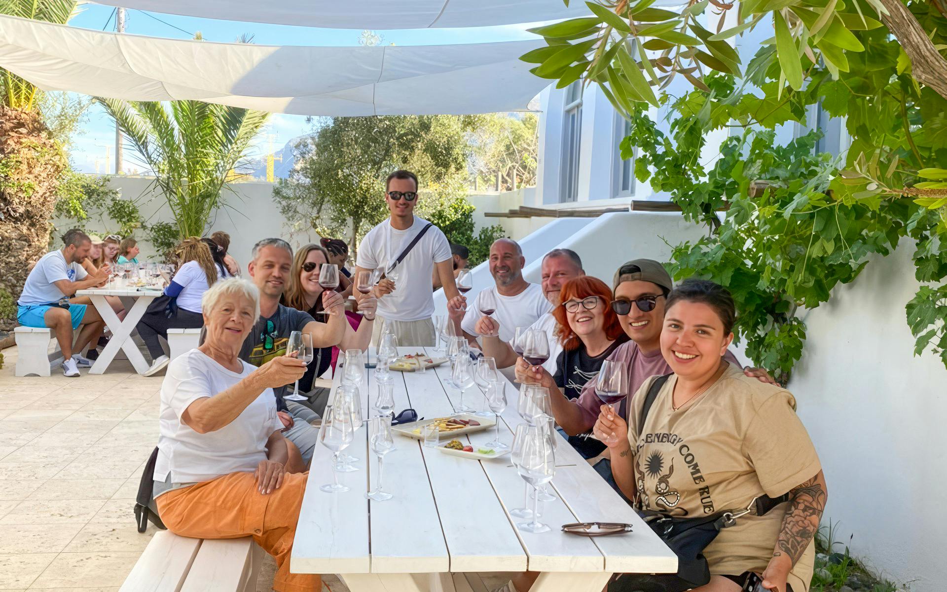 Group enjoying wine tasting on a Santorini Sunset Wine Tour.
