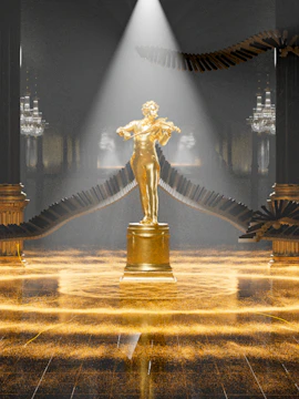 Golden statue of a violinist under spotlight at Johann Strauss Museum.