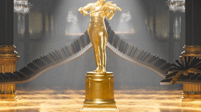 Golden statue of a violinist under spotlight at Johann Strauss Museum.