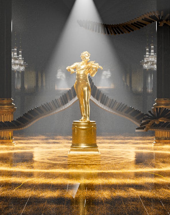 Golden statue of a violinist under spotlight at Johann Strauss Museum.