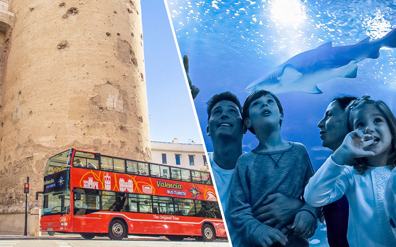 Valencia hop-on hop-off bus near historic tower and family viewing shark at Oceanogràfic.