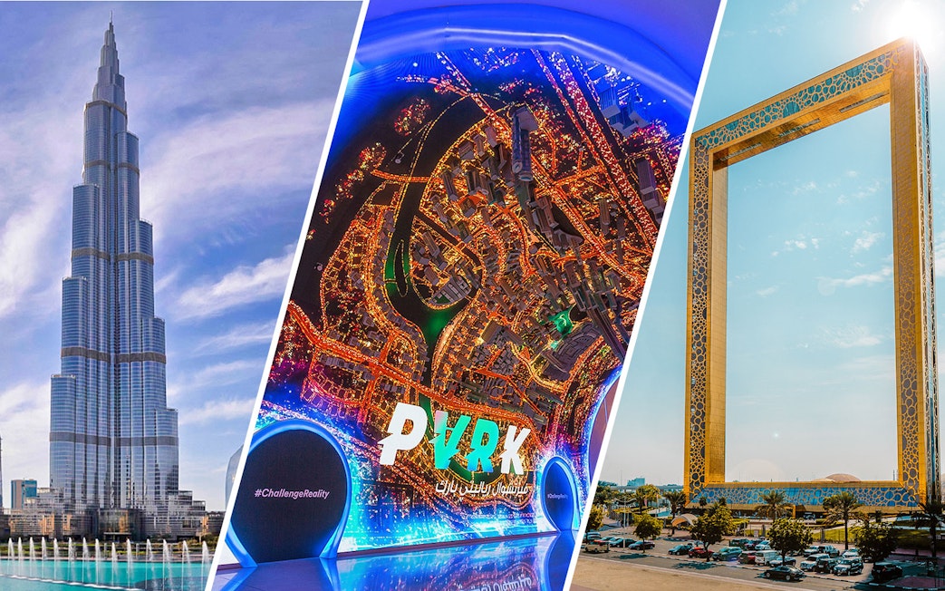Burj Khalifa, VR Park, and Dubai Frame in Dubai.