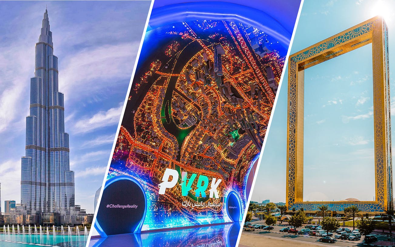 Burj Khalifa, VR Park, and Dubai Frame in Dubai.