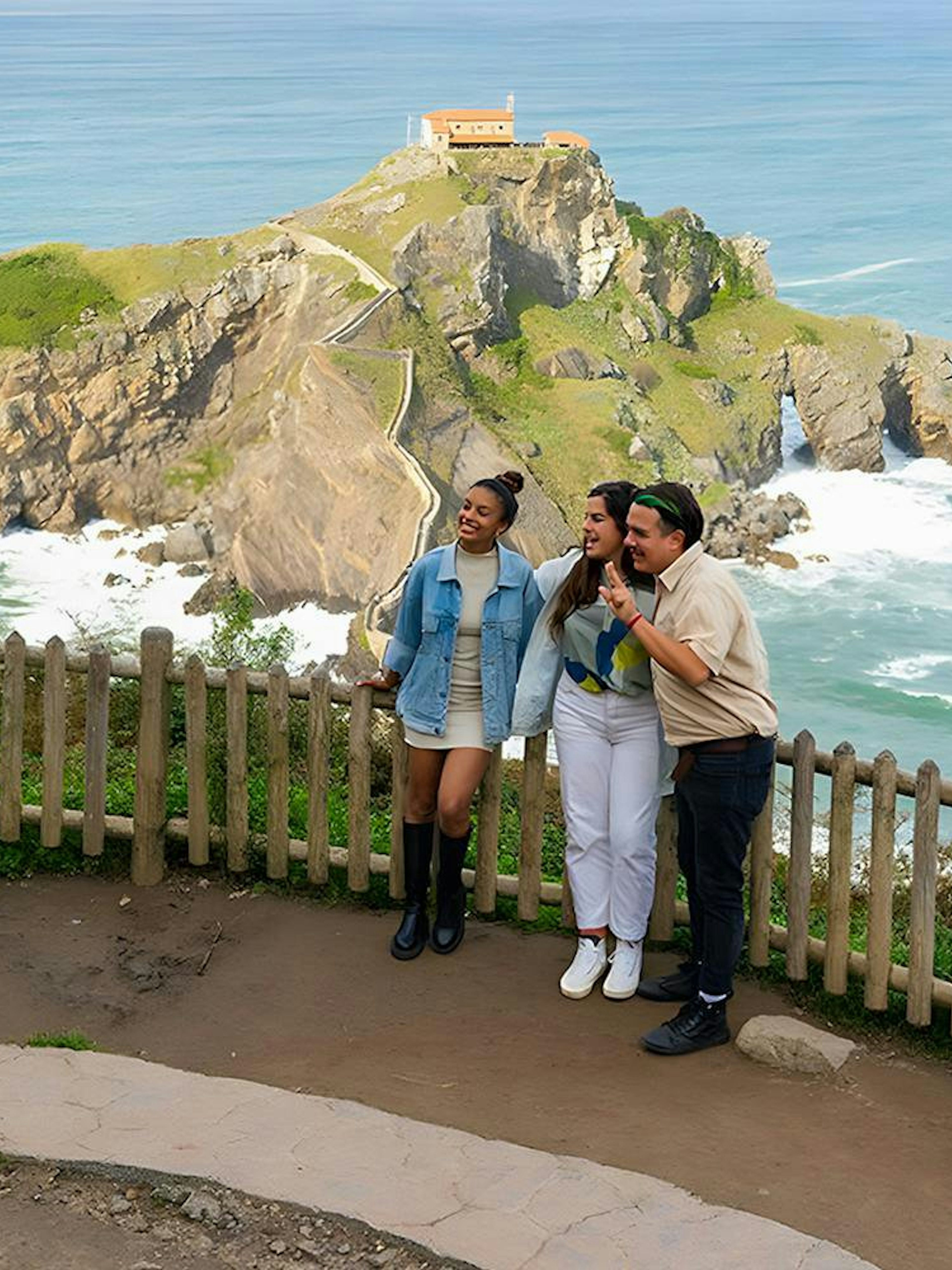 Visitors posing for a photo with San Juan de Gaztelugatxe and its stone footbridge in the background.