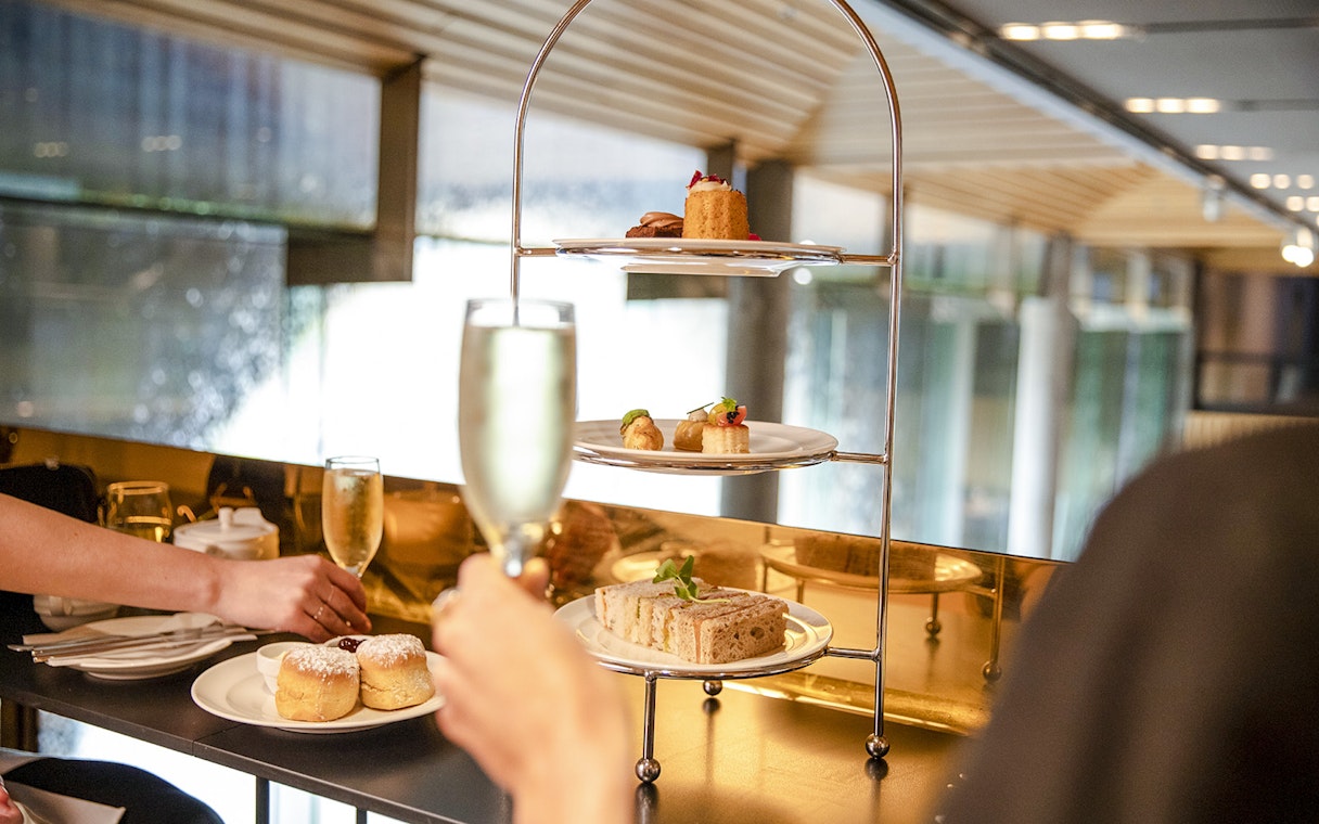 High tea with pastries and sandwiches at National Gallery of Victoria.