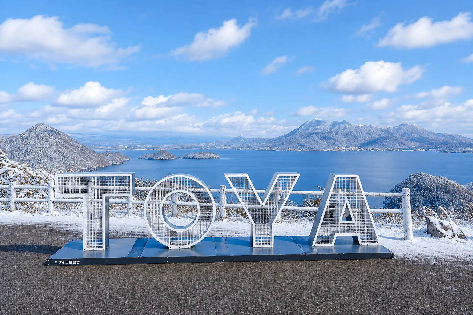 Lake Toya view with snow-covered mountains and large "TOYA" sign, Hokkaido winter tour.