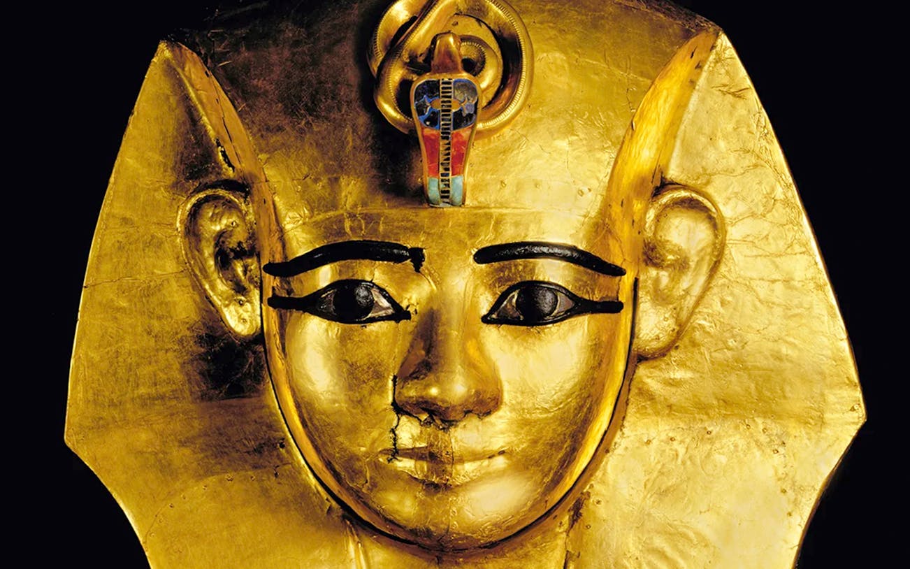 Gold funerary mask of Pharaoh Amenemope from the 21st Dynasty, ancient Egypt.