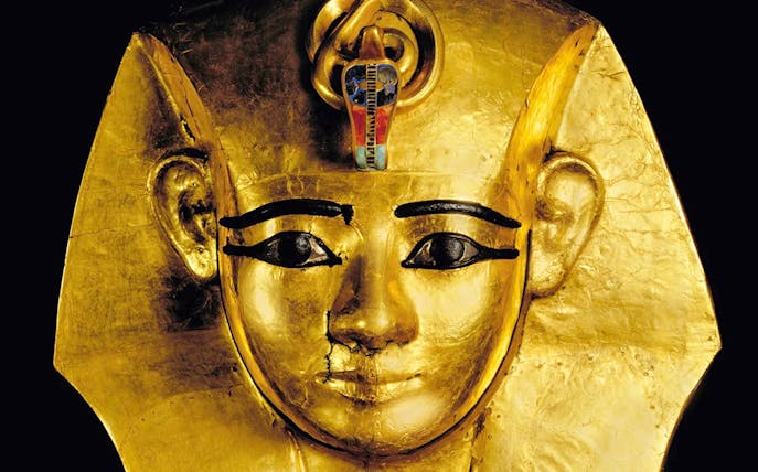 Gold funerary mask of Pharaoh Amenemope from the 21st Dynasty, ancient Egypt.