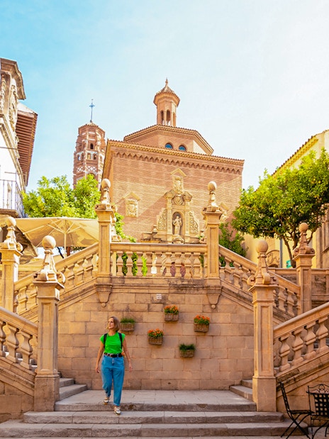 Stone staircase and historic architecture in Poble Espanyol, Barcelona.